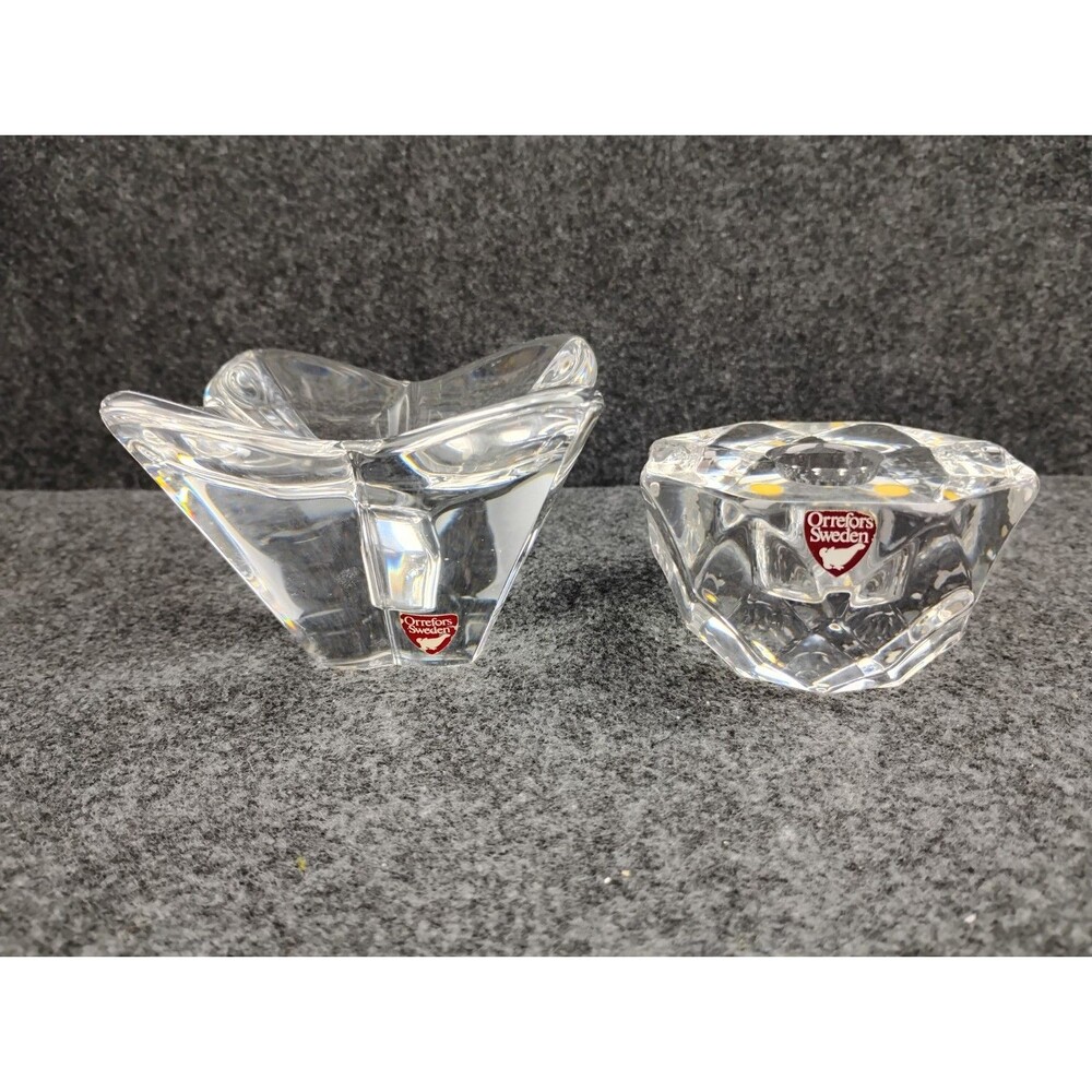 Orrefors of Sweden Two crystal candle holders Spring Flower and Faceted
